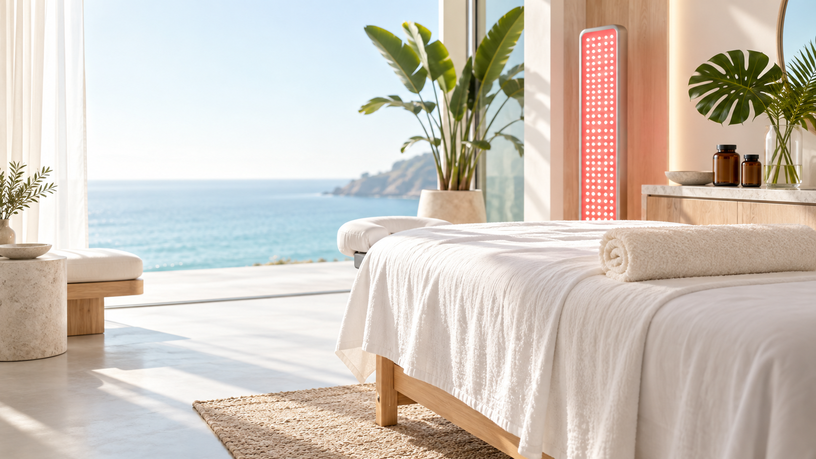 Bright wellness treatment room with red light therapy